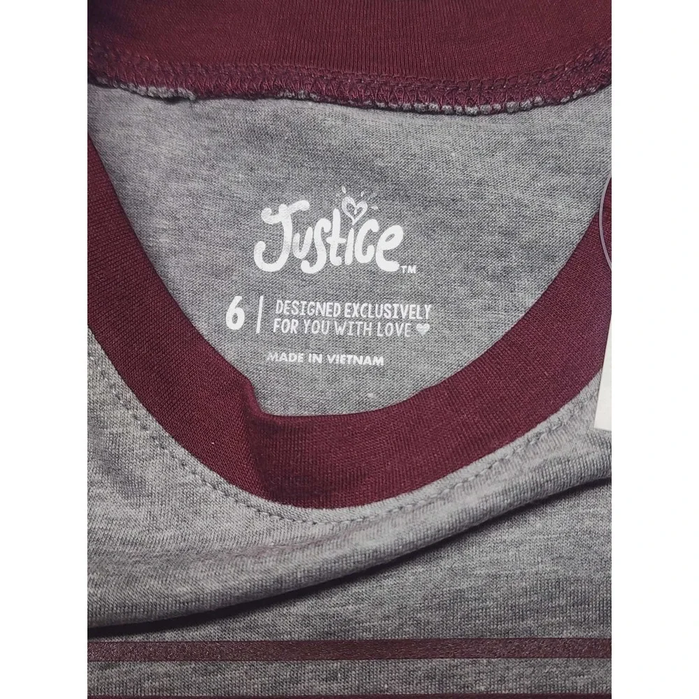 Justice Girls Size 6 Gray Burgundy Raglan Long Sleeve Live Love Justice Tee